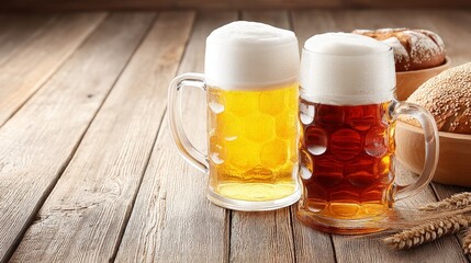 Two beer mugs with foam on a wooden table near bread.