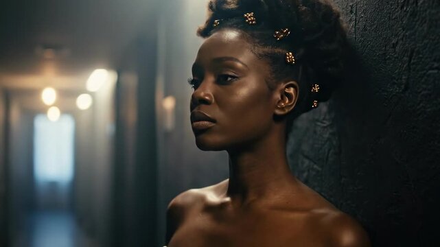 wedding hairstyle black - A young woman with natural hair stands confidently against a textured wall, wearing a strapless top, exuding elegance with subtle gold accessories in her hair