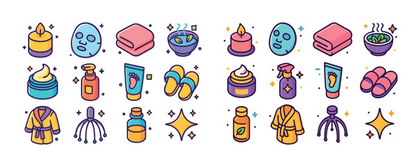 Fototapeta premium Spa and relaxation icons: candles, masks, towels, creams, slippe