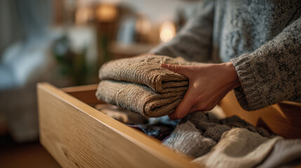 Close-up of a person putting folded knitted sweaters into a wooden drawer. Organizing and decluttering home