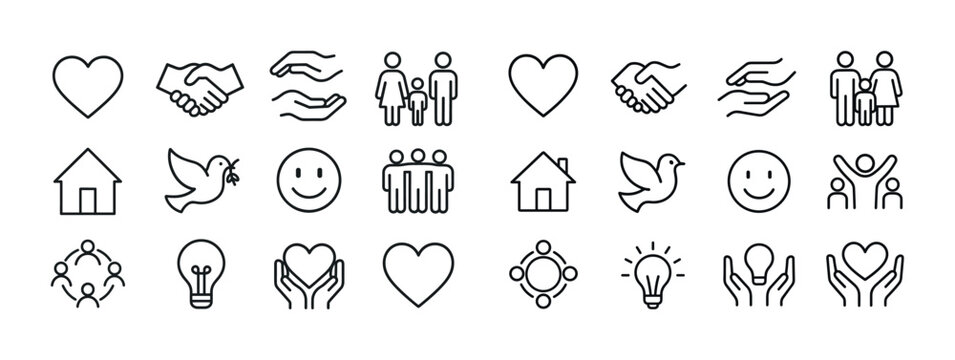 Set of minimalist outline icons: people, hearts, hands, and obje