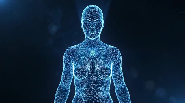 Futuristic digital human representation with glowing blue particles and spread arms