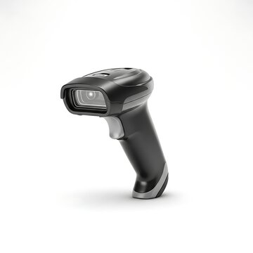Black barcode scanner with silver accents on white background device