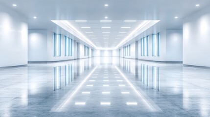 Fototapeta premium Minimalist white corridor with seamless wall long white corridor features seamless white wall presenting expansive and clean visual