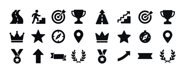 Black icon set of achievements and navigation symbols