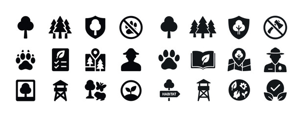 Nature conservation icons set: trees, wildlife, guard, habitat s