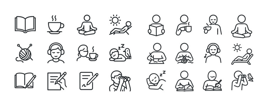 Set of minimalist line icons featuring relaxation, reading, medi
