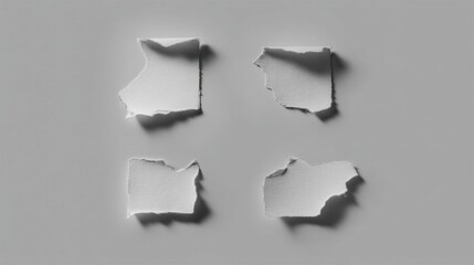 Four unevenly torn pieces of paper scattered on a wooden surface, showcasing texture and natural light shadows.