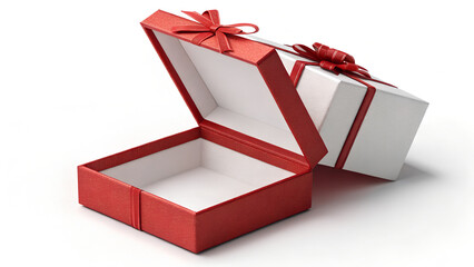 Red present box with white inside open product display mock up showcase or blank red gift box with red ribbons bow isolated over white background with shadow creative idea concepts 3D rendering