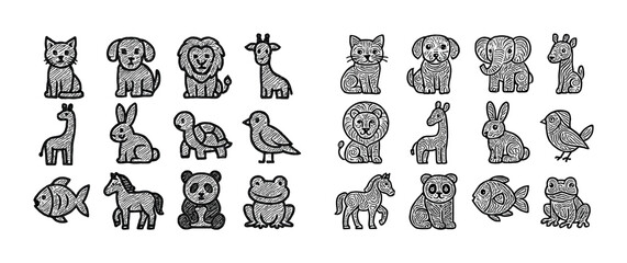 Naklejka premium Charming hand-drawn cartoon animals collection in black and whit