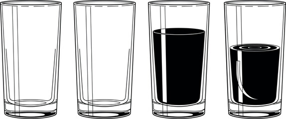 Glass illustration set featuring empty glasses and partially filled drink levels in clean minimal black line art style