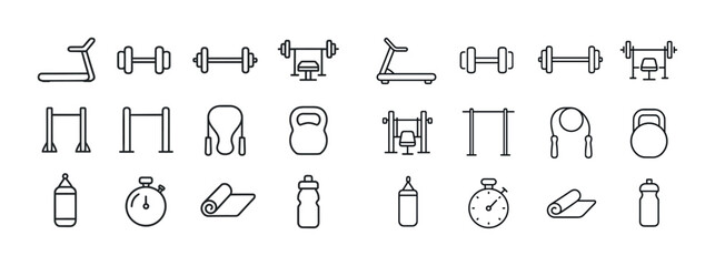 Fitness equipment icons: dumbbells, treadmills, kettlebells, yog