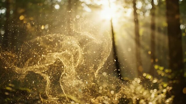 Magical golden deer silhouette formed by sparkling dust particles running through a sunlit forest.