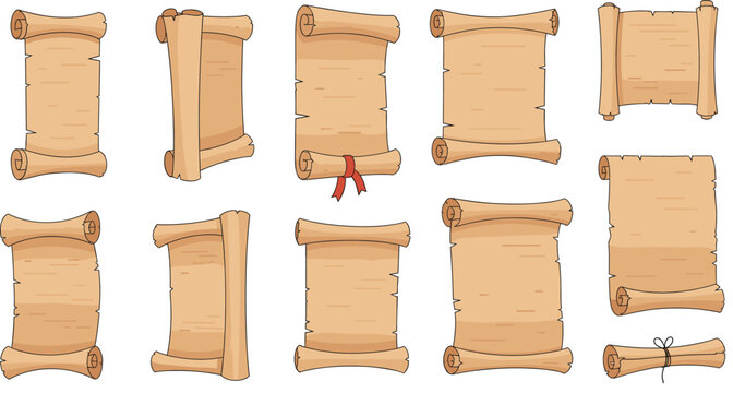 A realistic vector collection of ten antique parchment paper scrolls in various rolled and open positions, symbolizing history, ancient documents, certificates, and important historical messages