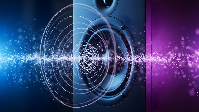 Dynamic sound waves radiating from a powerful speaker, creating an immersive auditory experience with vibrant blue and purple light effects and energetic particles
