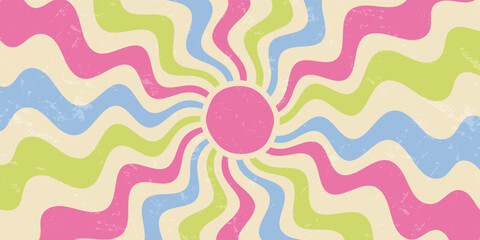 Groovy retro sun burst with wavy ray and bold color. Sunshine blend in y2k burst effect for grungy horizontal background. Vibrant sun and wave pattern, perfect as creative wallpaper or poster.