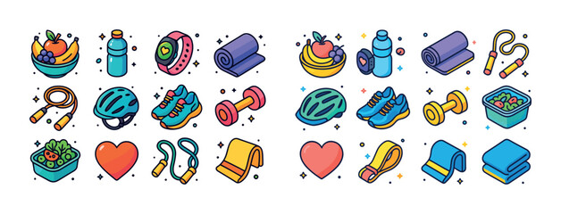 Colorful fitness and healthy lifestyle icons with fruits, equipm