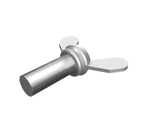 High-resolution 3D Render of Silver Wing Nut and Threaded Stud Assembly, a Heavy-Duty Industrial Fastener Component Isolated on Transparent PNG HD Background for Engineering and Construction Projects.