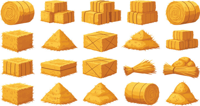 A realistic vector collection of round and square hay bales, stacks, and bundles, illustrating agriculture, farming, autumn harvest, and livestock feed concepts on a white background