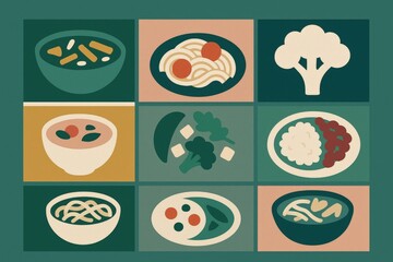 Aesthetic arrangement of diverse culinary dishes featuring vibrant food illustrations and textures creating a visually captivating meal composition invoking appetite and creativity