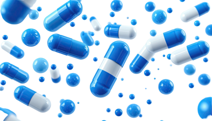Blue and white capsules and spheres float on a dark background
