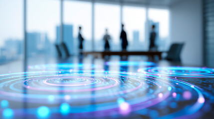 Futuristic Data Ripple and Holographic Rings in a Modern Corporate Office with Blurred Business People for AI Technology and Digital Transformation