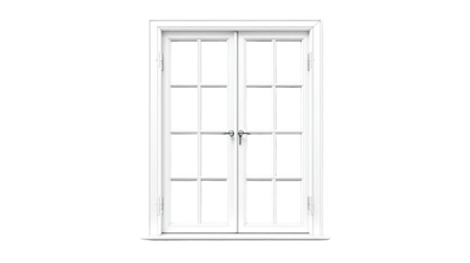 Double-door white window, multiple panes, centered, against black background