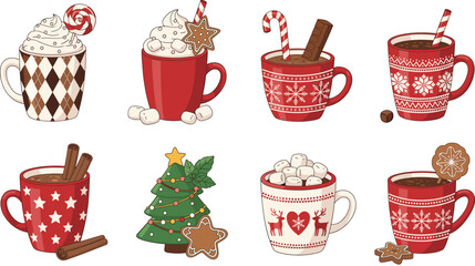 A cozy vector set of eight mugs filled with hot chocolate, marshmallows, and festive Christmas decorations, including gingerbread, candy canes, and holiday star cookies, perfect for winter design