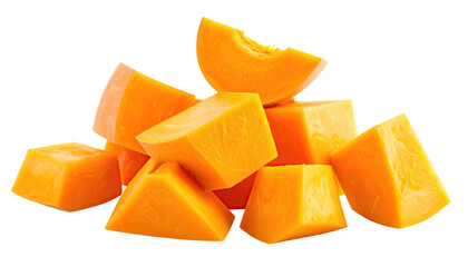 Pile of bright orange, cubed pieces of fresh, raw winter squash