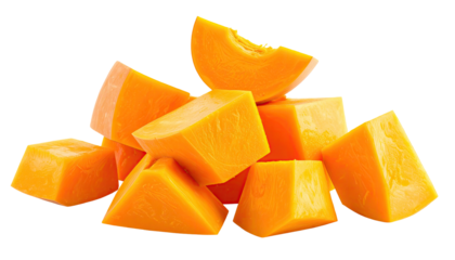 Pile of bright orange, cubed pieces of fresh, raw winter squash