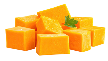 Cubed, vibrant orange-fleshed vegetable pieces, garnished with green herb