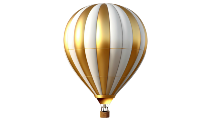 Golden and white striped hot air balloon floats against a black background