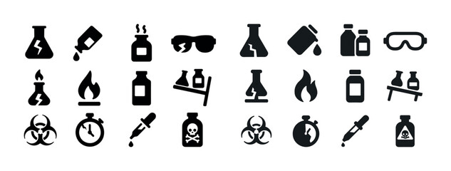 Chemical safety icons: lab equipment, hazard signs, protective g