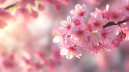 A close-up view of delicate pink cherry blossoms in full bloom, with a soft, blurred background of pastel pink and white, evoking a sense of springtime beauty and tranquility.