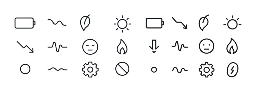 Minimalistic icon set: battery, leaf, sun, fire, gear, wave, fac