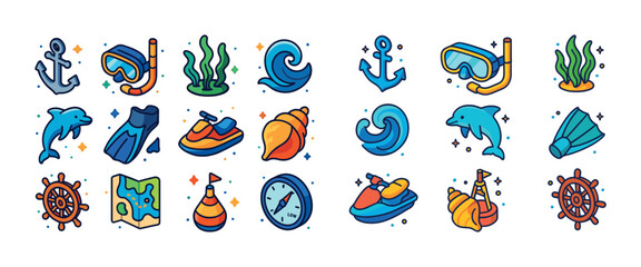Colorful nautical icon set featuring marine life and water activ