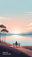 "Mental Health Day" poster with a peaceful lake and green trees, symbolizing inner peace and mental health