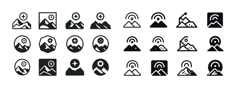 Mountain icon set: minimalist designs with sun, location, and zo