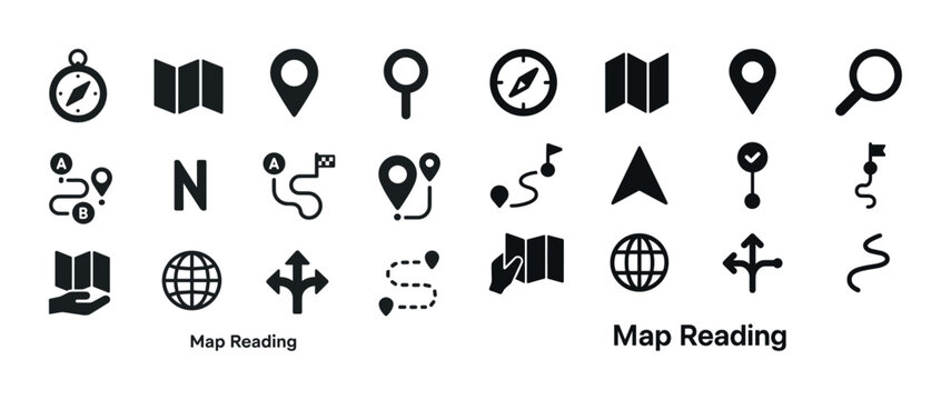 Navigation icons set: map, compass, location, gps, routes