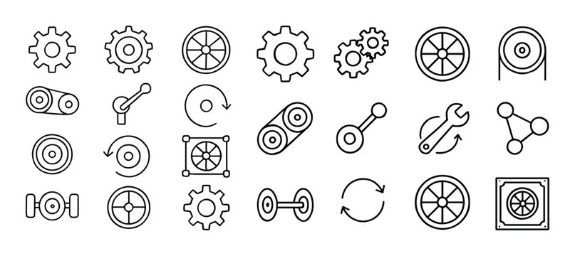 Set of gear and mechanical line icons for engineering and machin