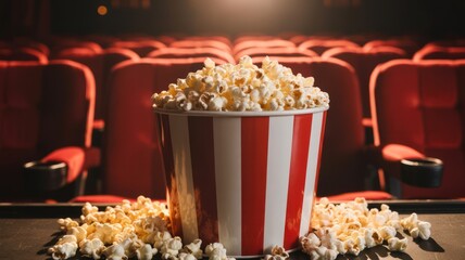 Large red and white striped bucket of popcorn sitting on a red velvet movie theater seat with spilled kernels and empty rows in the background