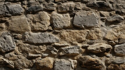 Fototapeta premium A rugged stone wall constructed with tightly fitted irregular stones showcases weathered textures and subtle cracks in s