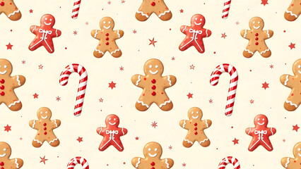 A charming Christmas pattern showcasing gingerbread cookies, candy canes, and intricate snowflakes, all symmetrically aligned on a light cream or pastel background for a whimsical holiday look.