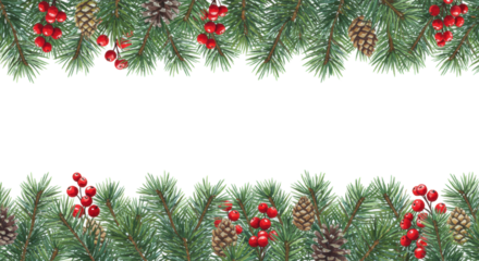 highly detailed watercolor border illustration of frosted fir branches, glossy red berries, and pine cones, isolated on transparent background with copy space, traditional winter celebration concept