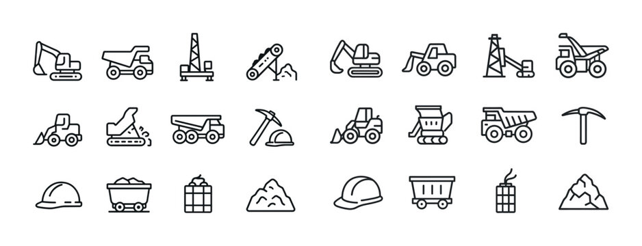 Mining equipment and tools icon set: excavators, trucks, helmets