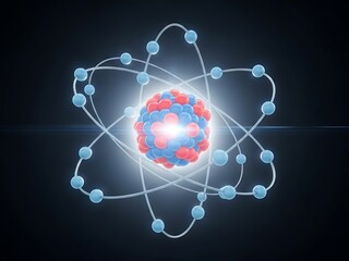 Glowing atomic structure with red and blue protons and neutrons surrounded by orbiting electrons