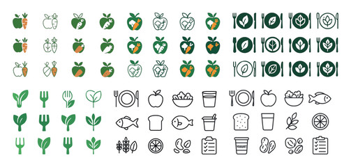 Healthy food icons: fruits, vegetables, fish, bread, and cutlery
