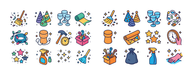 Colorful festive cleaning supplies and celebration icons