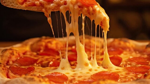 Close-up of a delicious pepperoni pizza with strings of melted mozzarella cheese being pulled away, perfect for showcasing a food vlog or recipe demonstration