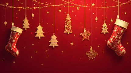 Luxurious Red and Gold Holiday Banner with Hanging Christmas Decorations
